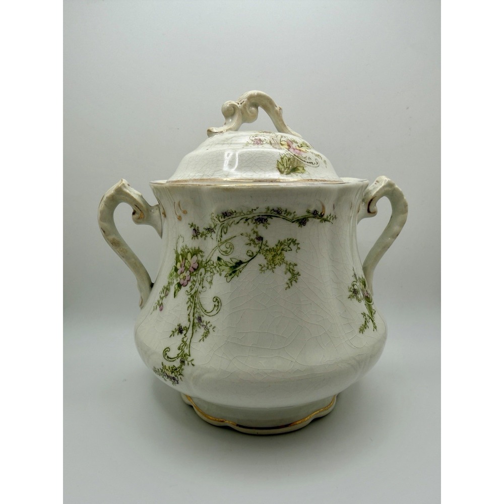 Antique Mercer Pottery Semi-Vitreous Lidded Tea Caddy Floral Gold Gilt 1890s